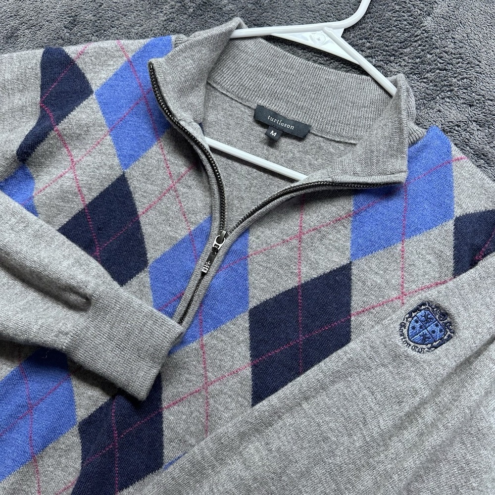 Turtleson 1/4 Zip Golf Sweater Mens Medium Gray 100% Extra Fine Merino Wool
